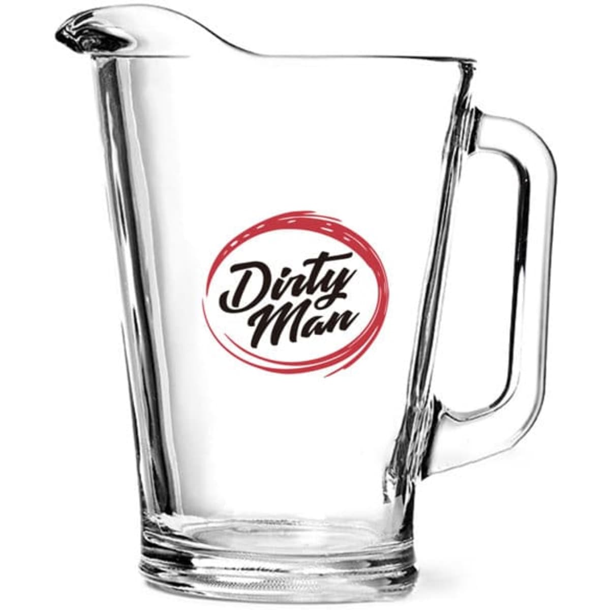 A glass beer pitcher with a clear design and a handle, featuring a logo in red and black.