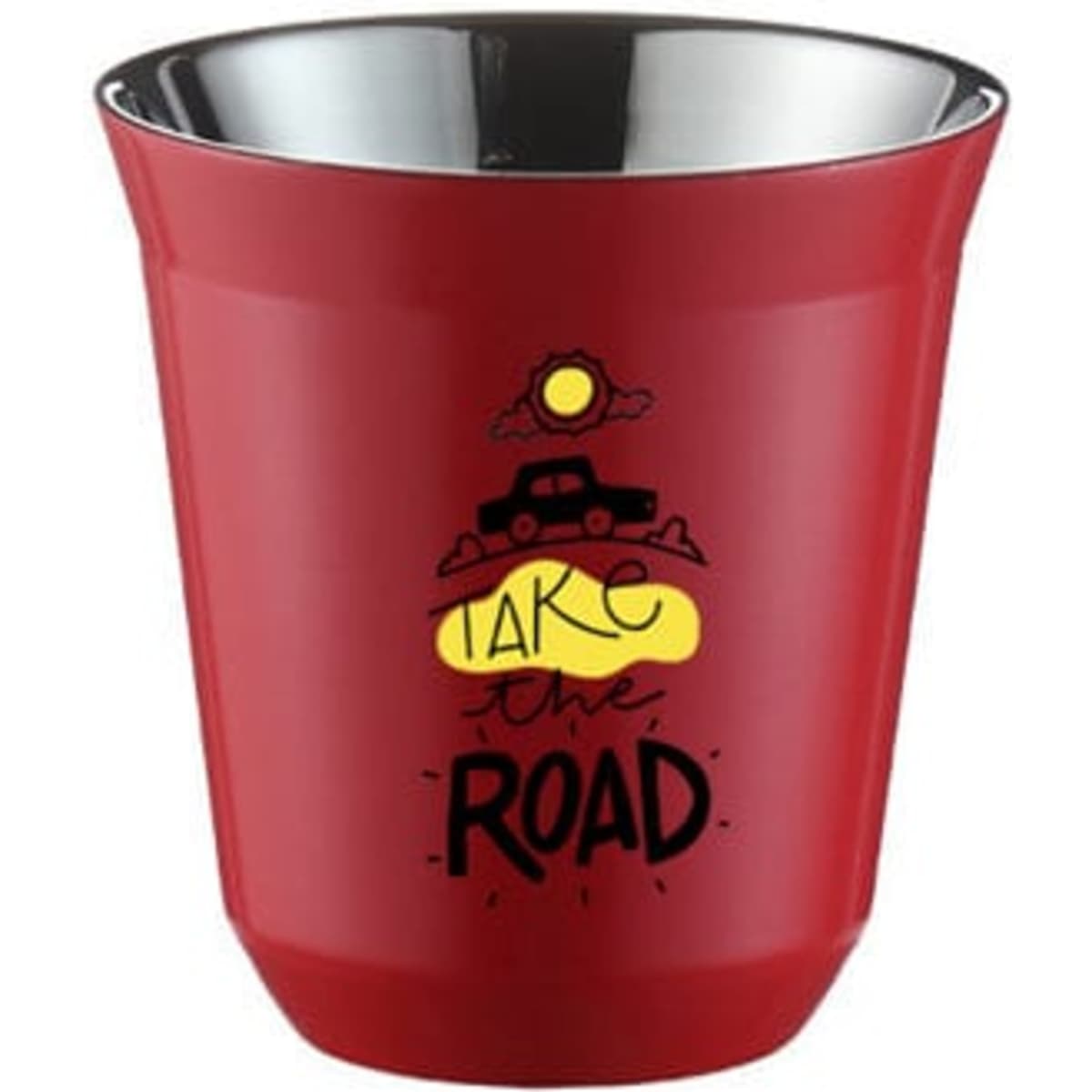 A red stainless steel espresso cup featuring a black interior and a graphic design with a sun and vehicle.