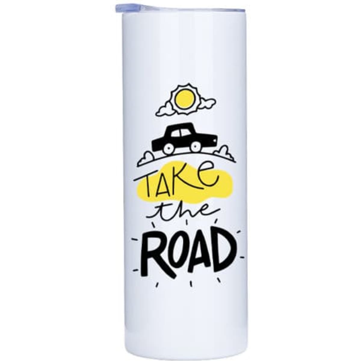 A drink bottle featuring a white exterior with a design of a car, sun, and clouds, and a logo on the side.