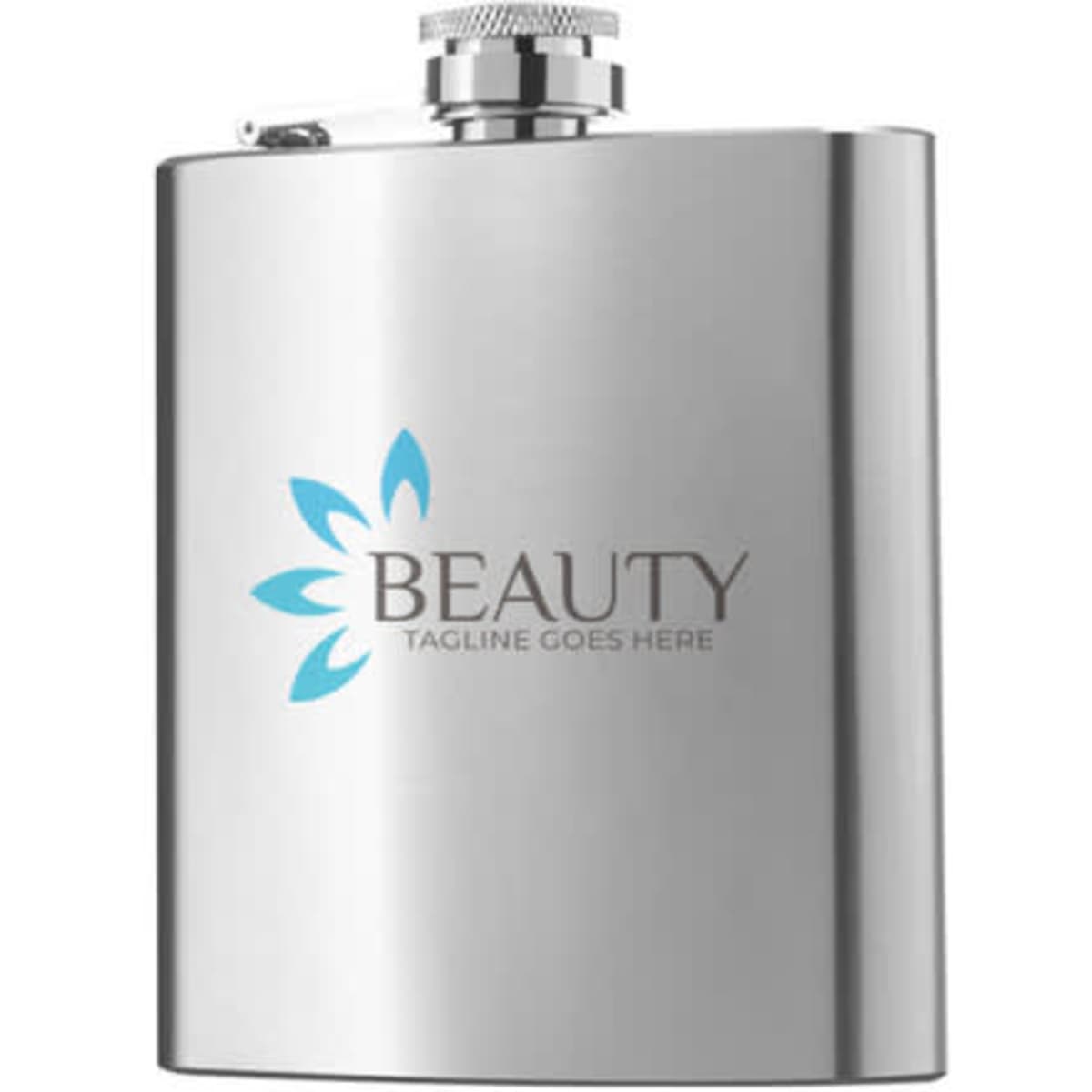 A stainless steel hip flask with a shiny finish and a logo design on the front.