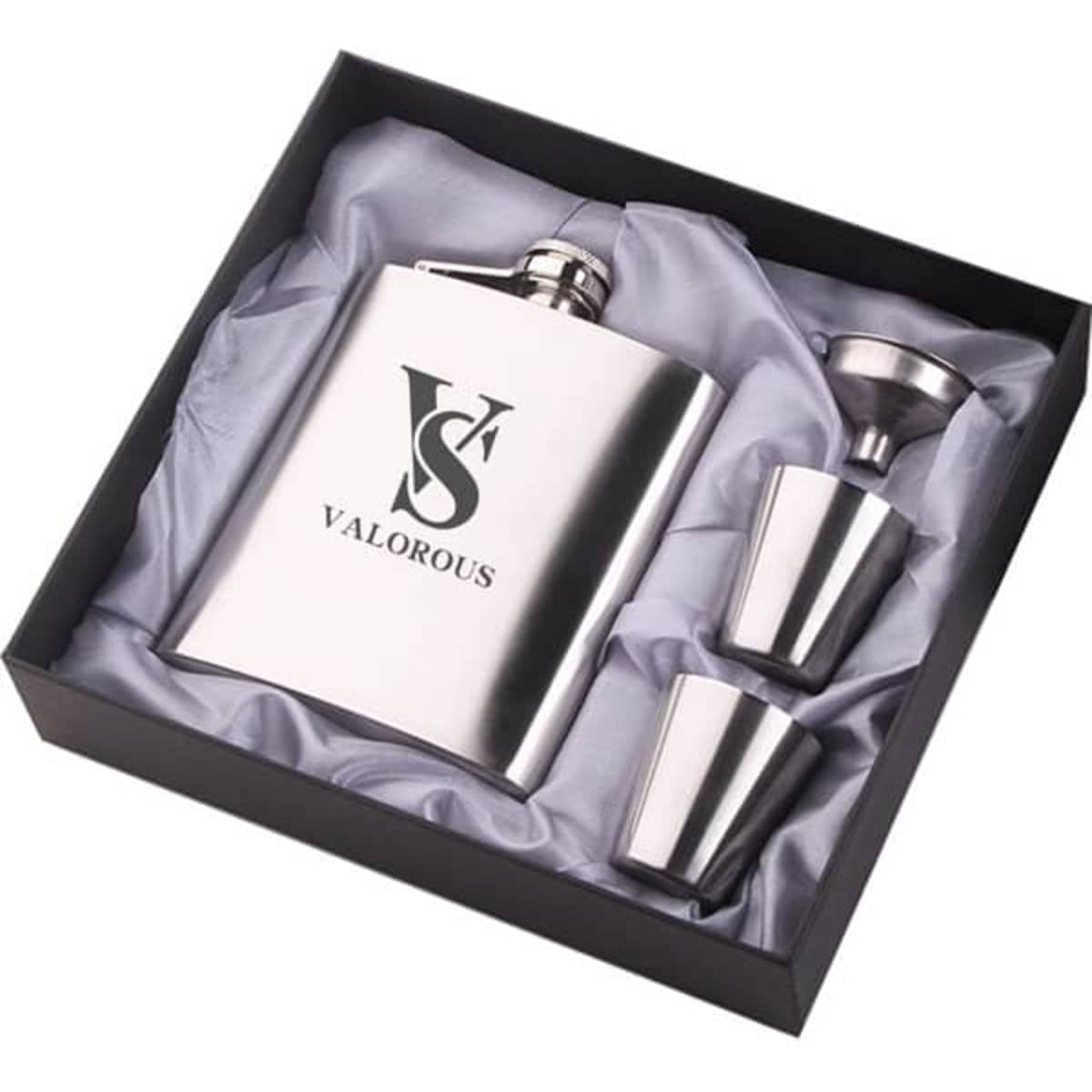 A silver 7 oz. hip flask gift set with two stainless steel cups and a branded flask, presented in a black gift box.
