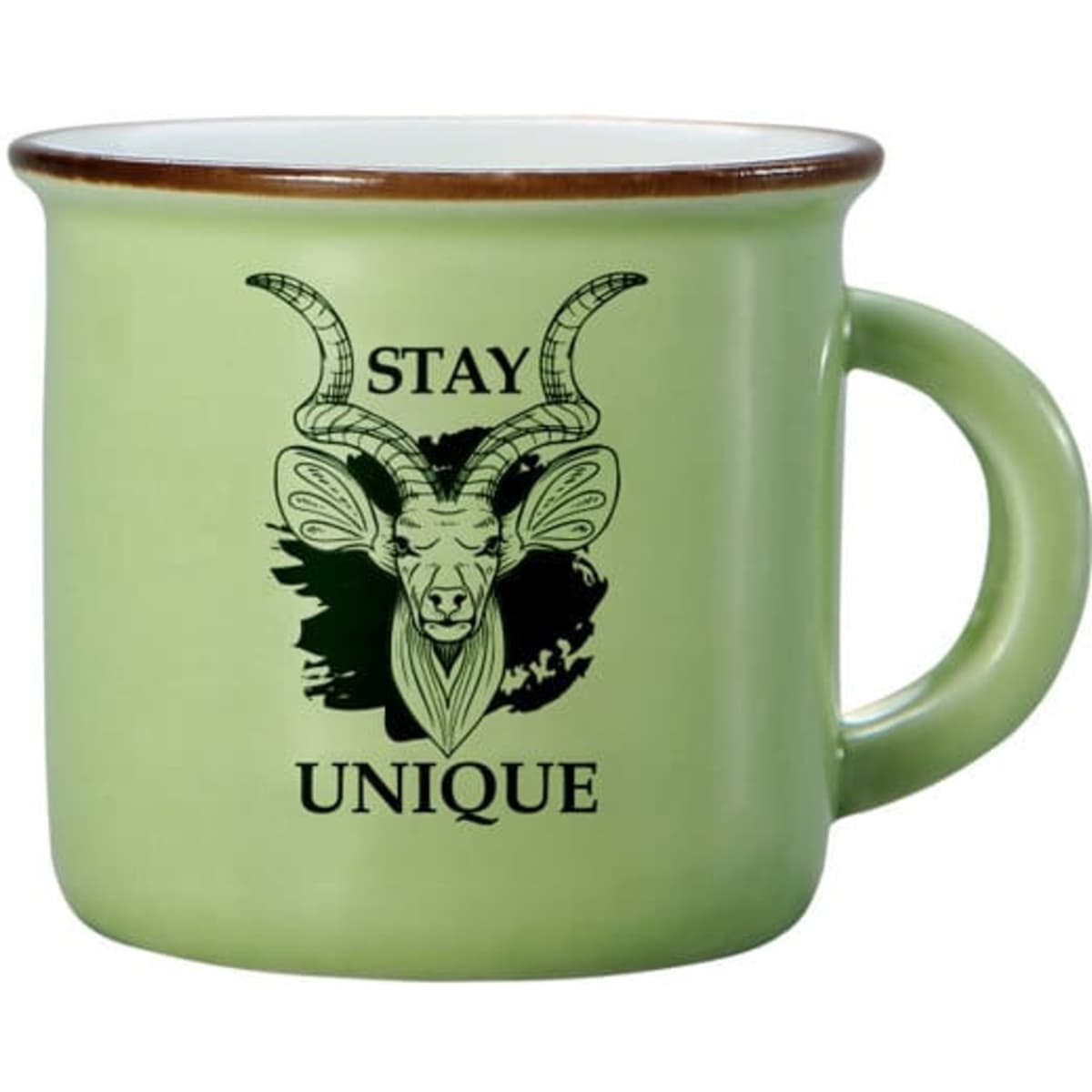 A ceramic campfire mug in green with a decorative design and a handle. Features a logo on the front.