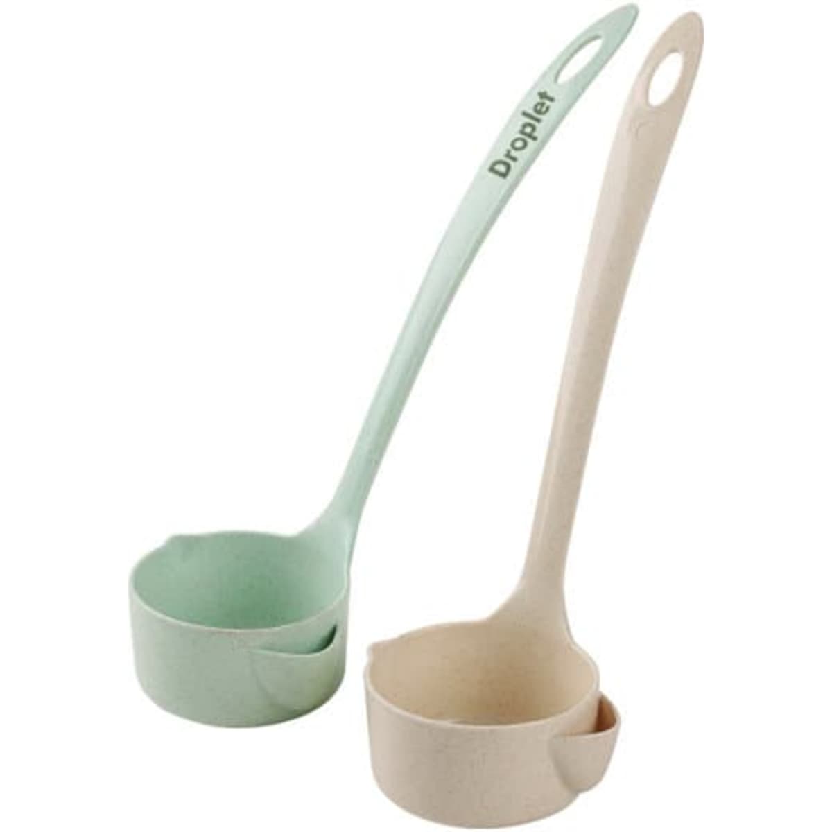 A set of two promotional wheat straw oil filter spoons in light green and beige, featuring branding on the handle.