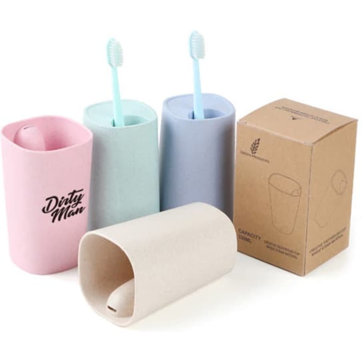 Four eco-friendly wheat straw mouthwash cups in pink, mint, lavender, and cream, with a branded logo and a box.
