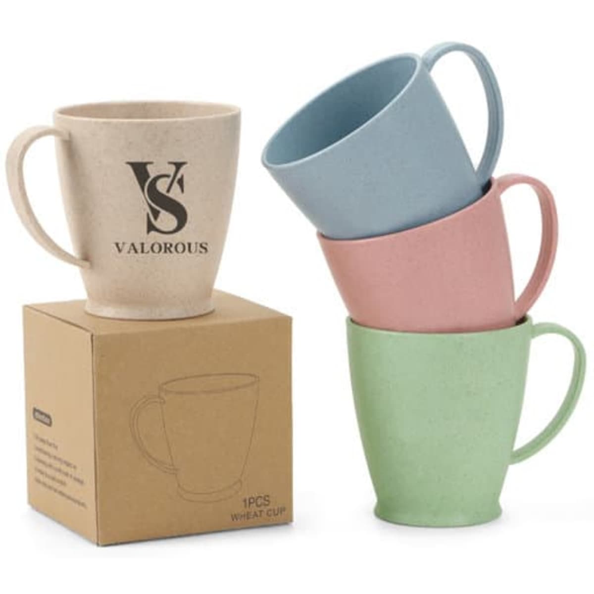 A set of four wheat straw plastic cups in green, pink, blue, and beige, with a box and a logo.