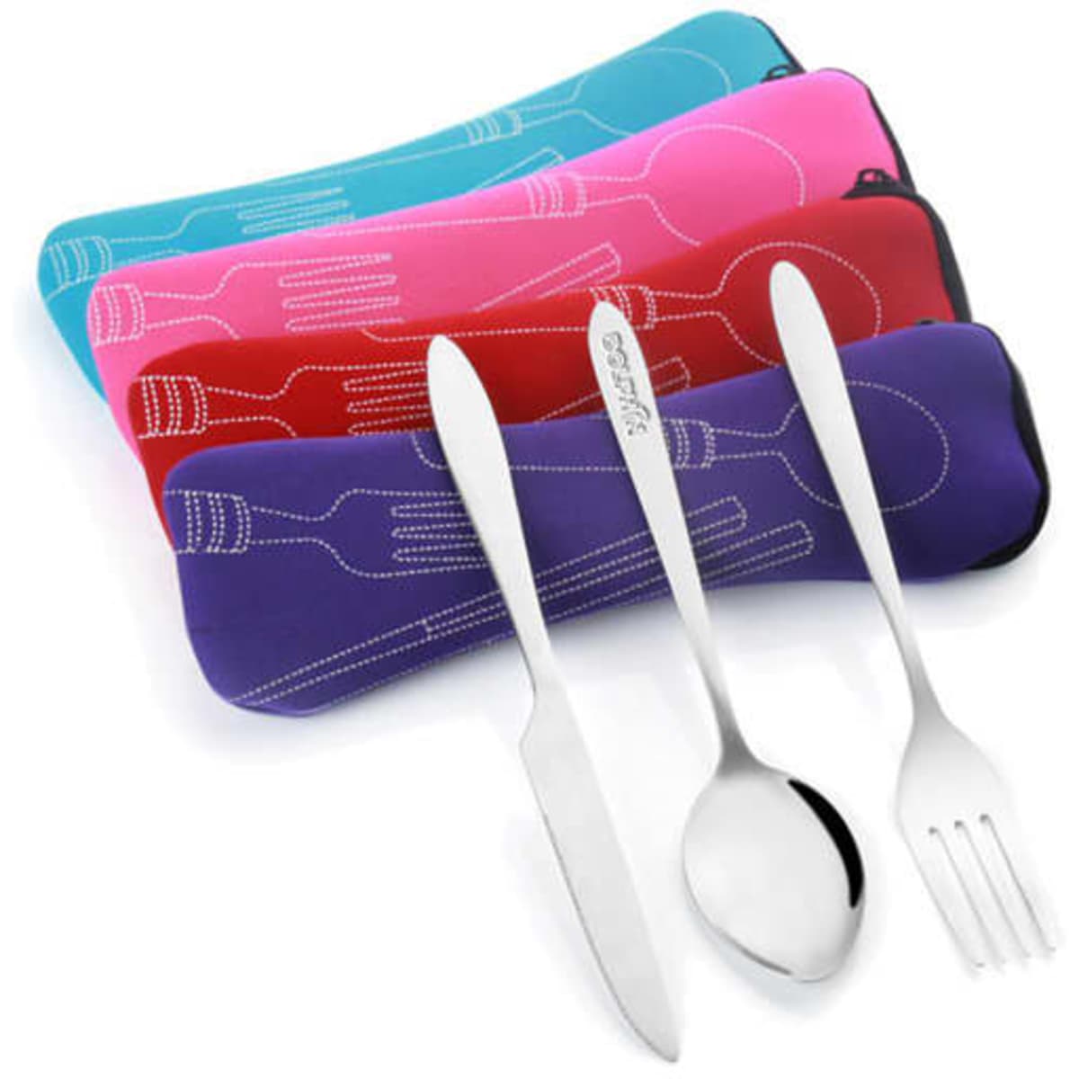 A set of stainless steel utensils including a fork, knife, and spoon, in a neoprene case, featuring various vibrant colours.