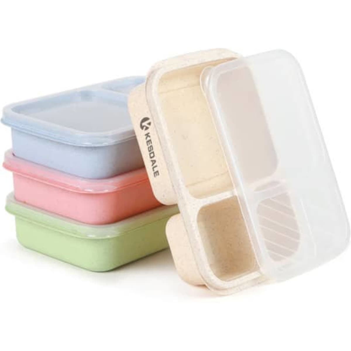 A stack of four 3-compartment bento lunch boxes in pink, green, blue, and a natural colour, with a transparent lid and a logo.