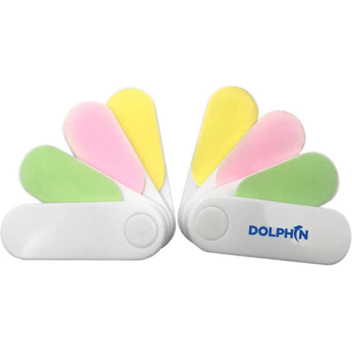 A rotating mini nail file with pink, yellow, green, and white sections. It features a logo.