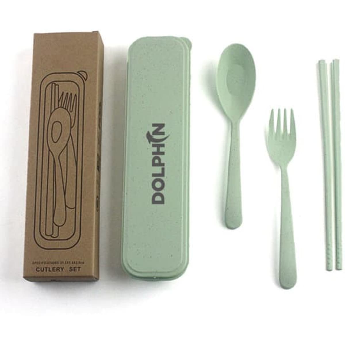 A portable cutlery set featuring a green wheat straw case, a spoon, fork, and chopsticks. Includes branding on the case.