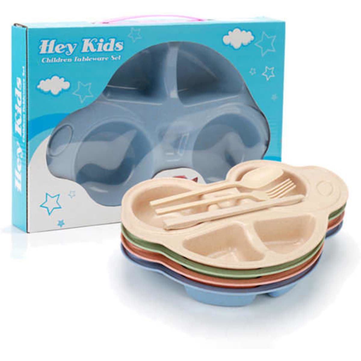 A set of colourful toddler plates in the shape of cars, with cutlery included, displayed in a blue box.