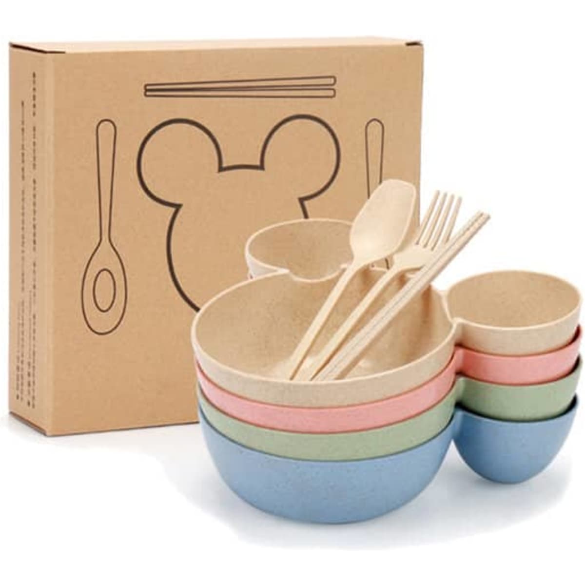 A set of wheat straw tableware including bowls and utensils in pastel colours, with a box featuring a logo.