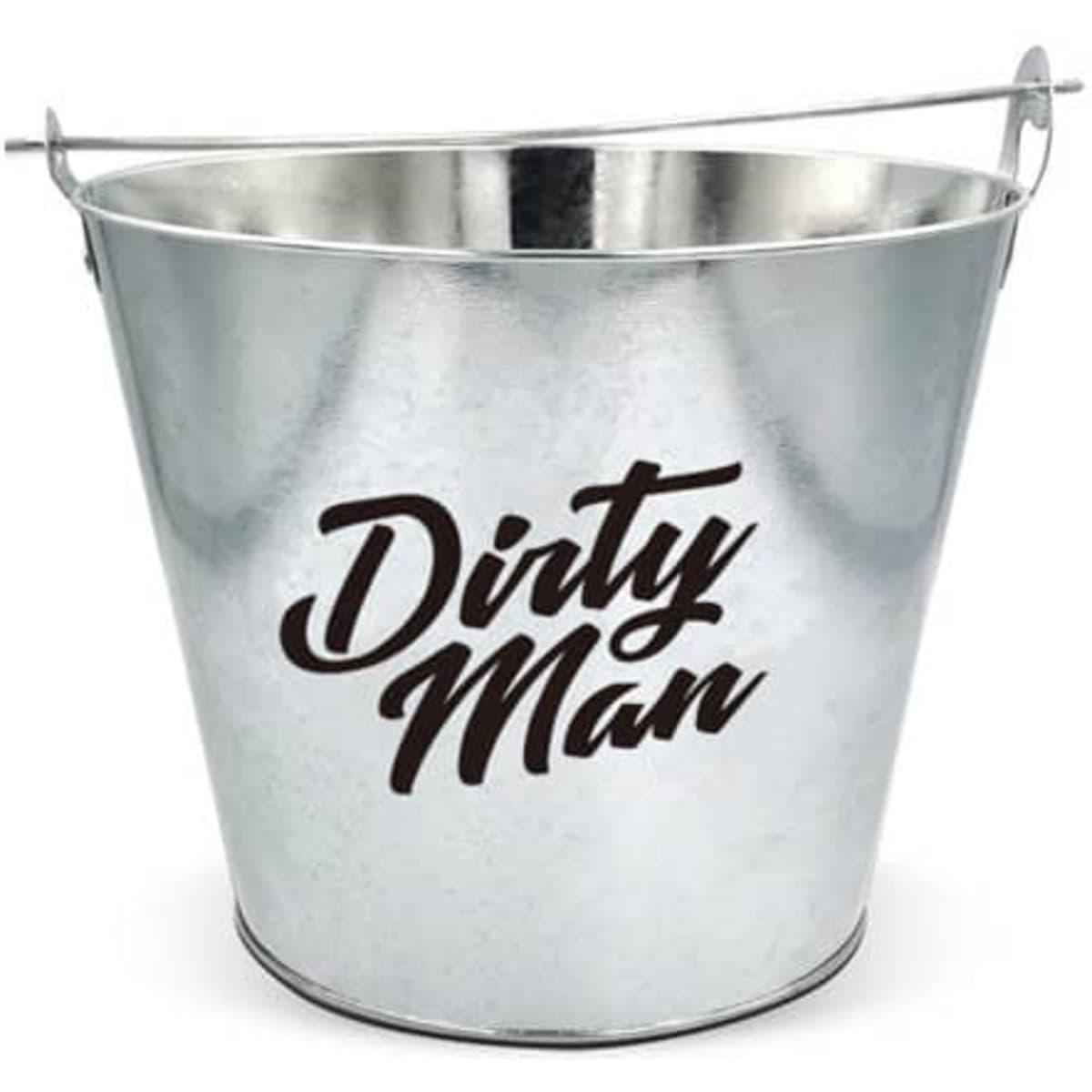 A silver beer bucket with a handle and a branding logo. Suitable for leisure and outdoor activities.