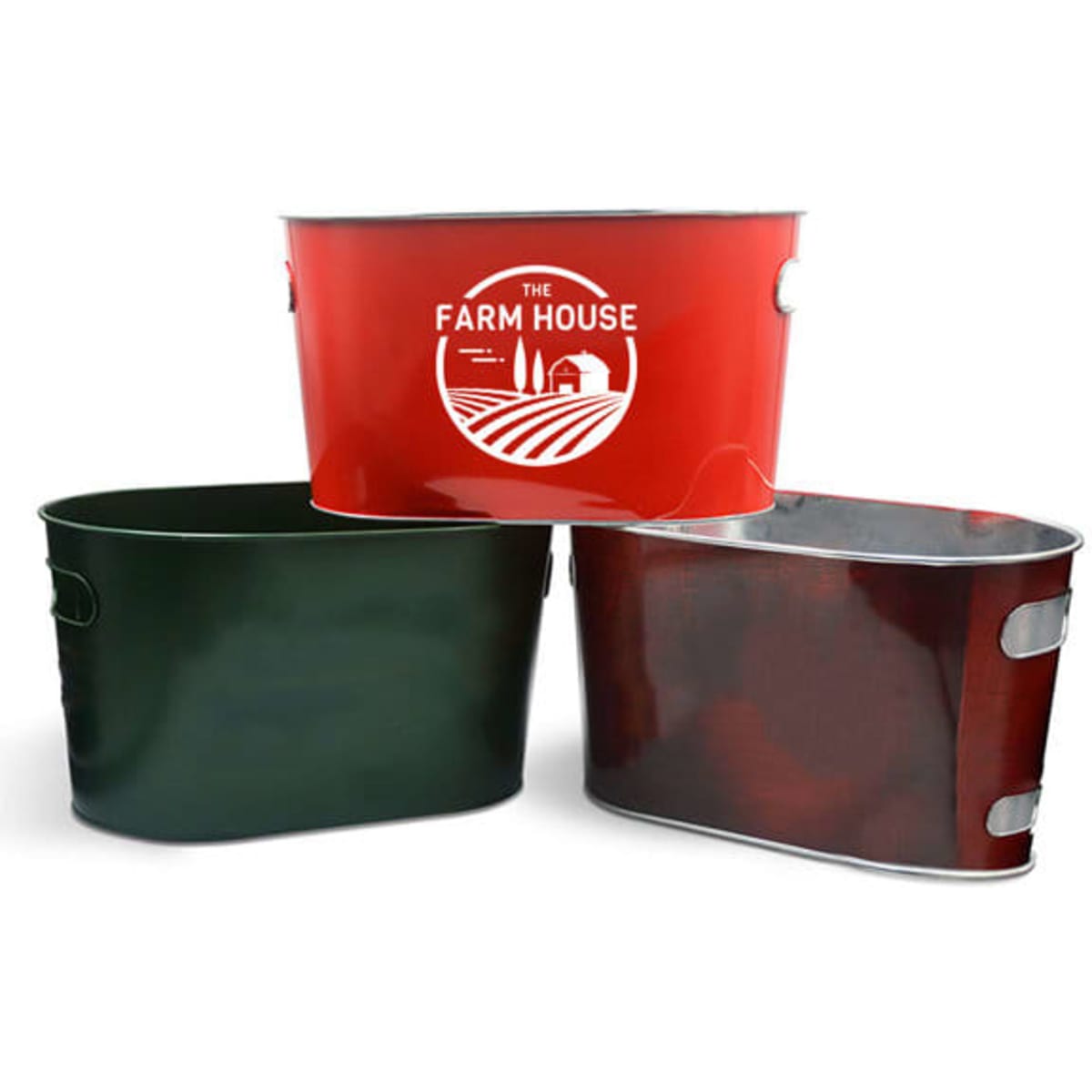 A set of three oval galvanized metal beer buckets in red, green, and dark maroon, featuring a logo on one bucket.
