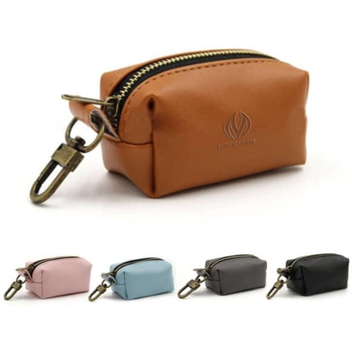 A PU leather dog poop bag holder in brown, featuring a zipper and metal clip, accompanies other colour options in pink, blue, and black.