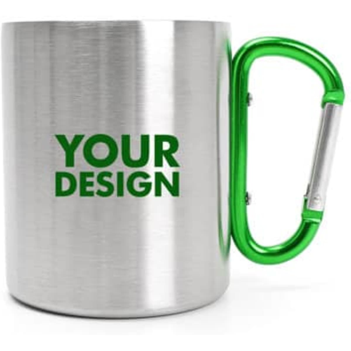 A stainless steel cup with a green carabiner hook handle, featuring a logo on the front.