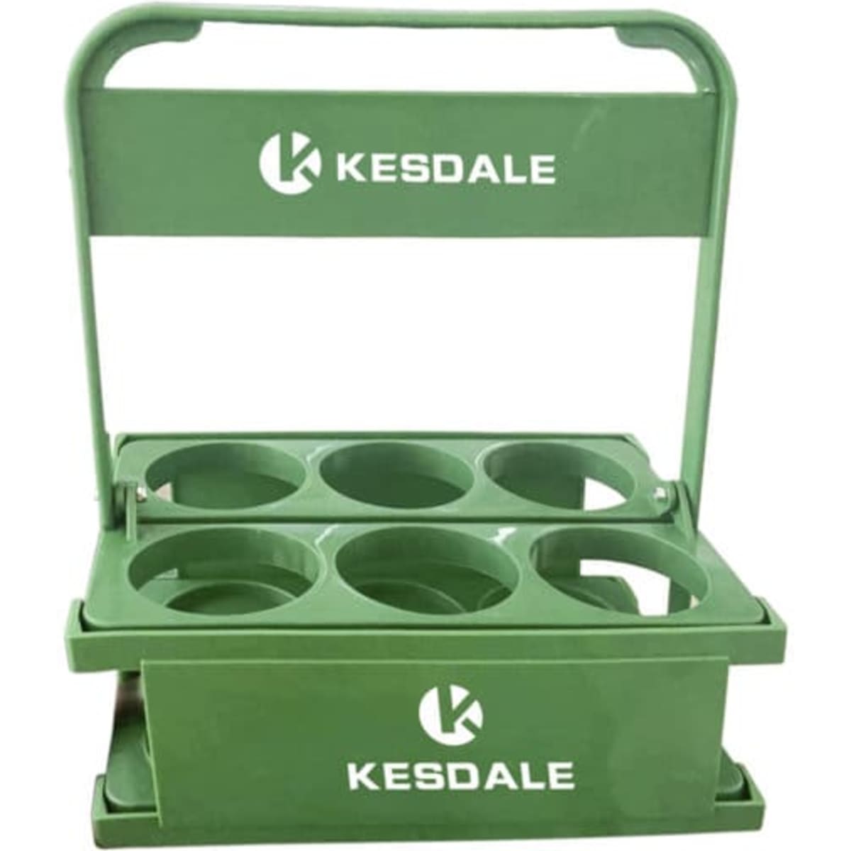 A drink bottle basket in green with a handle, featuring four bottle compartments and a branding logo.