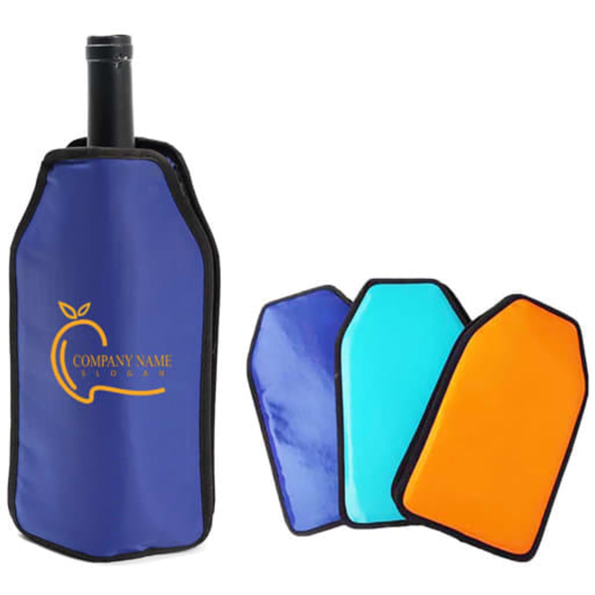 A wine bottle cooler sleeve in navy blue, accompanied by three coloured gel inserts: turquoise, orange, and light blue.