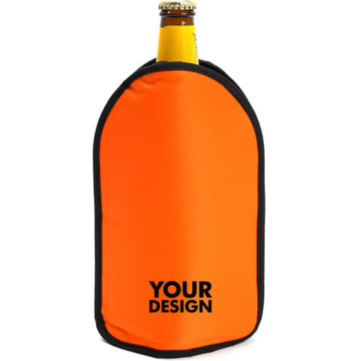 A drink bottle cooler sleeve in bright orange with a black trim and a logo.