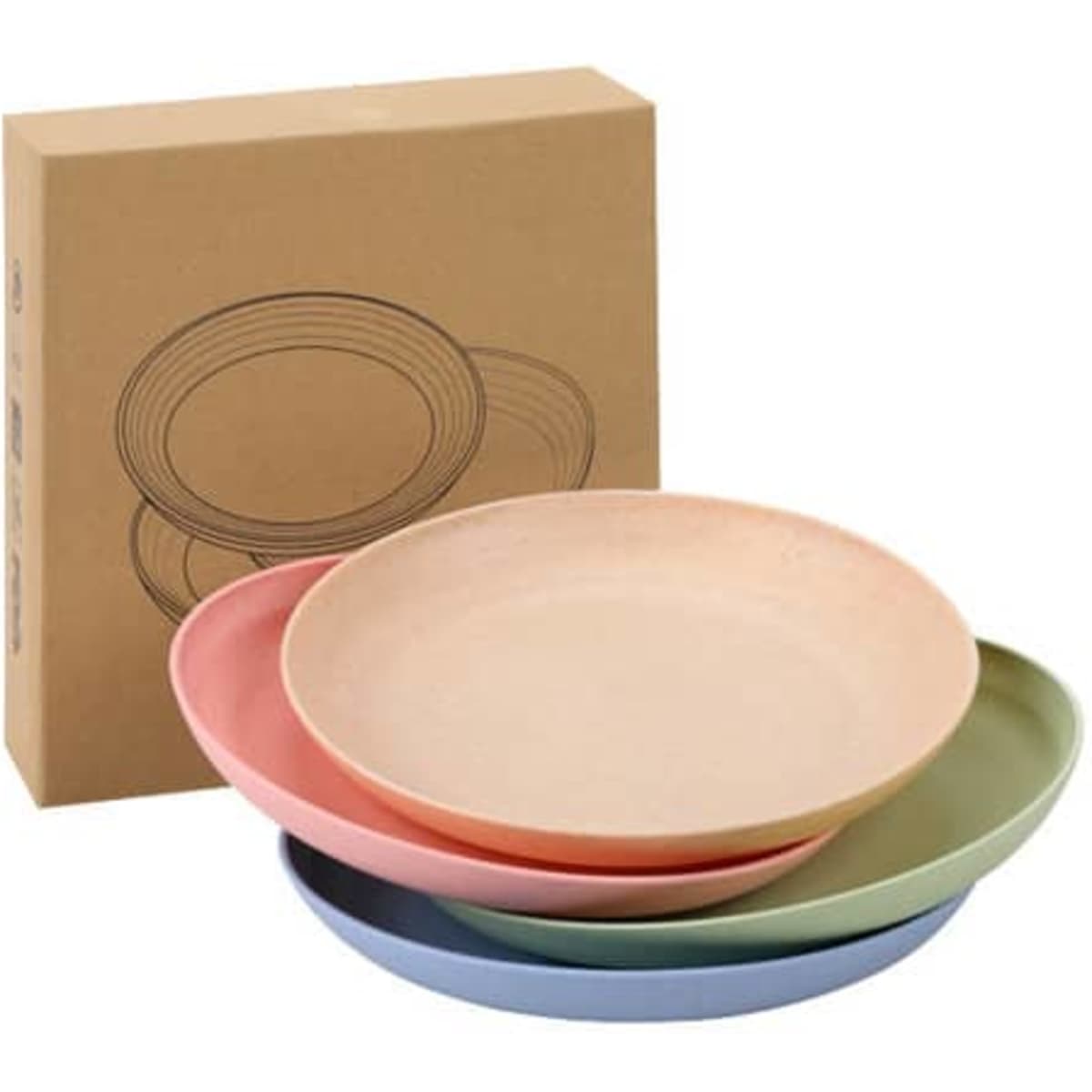 A set of four unbreakable plates in pastel colours: pink, peach, green, and blue, packaged in a box.