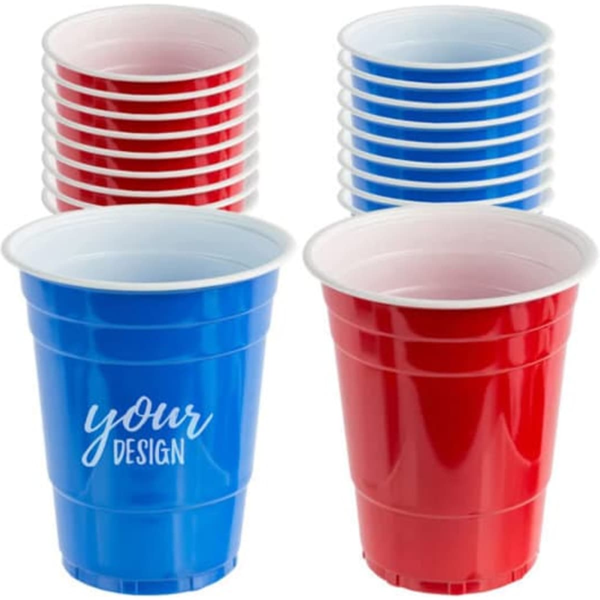A set of disposable plastic cups in red and blue, featuring a design area and stacked arrangement.