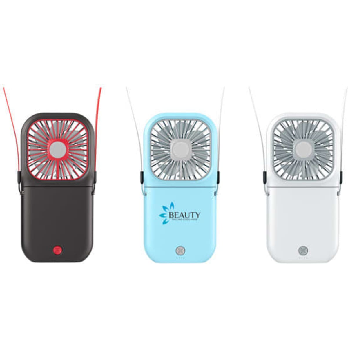 A foldable hanging neck fan in black, light blue, and white, featuring a phone stand and a branding logo.