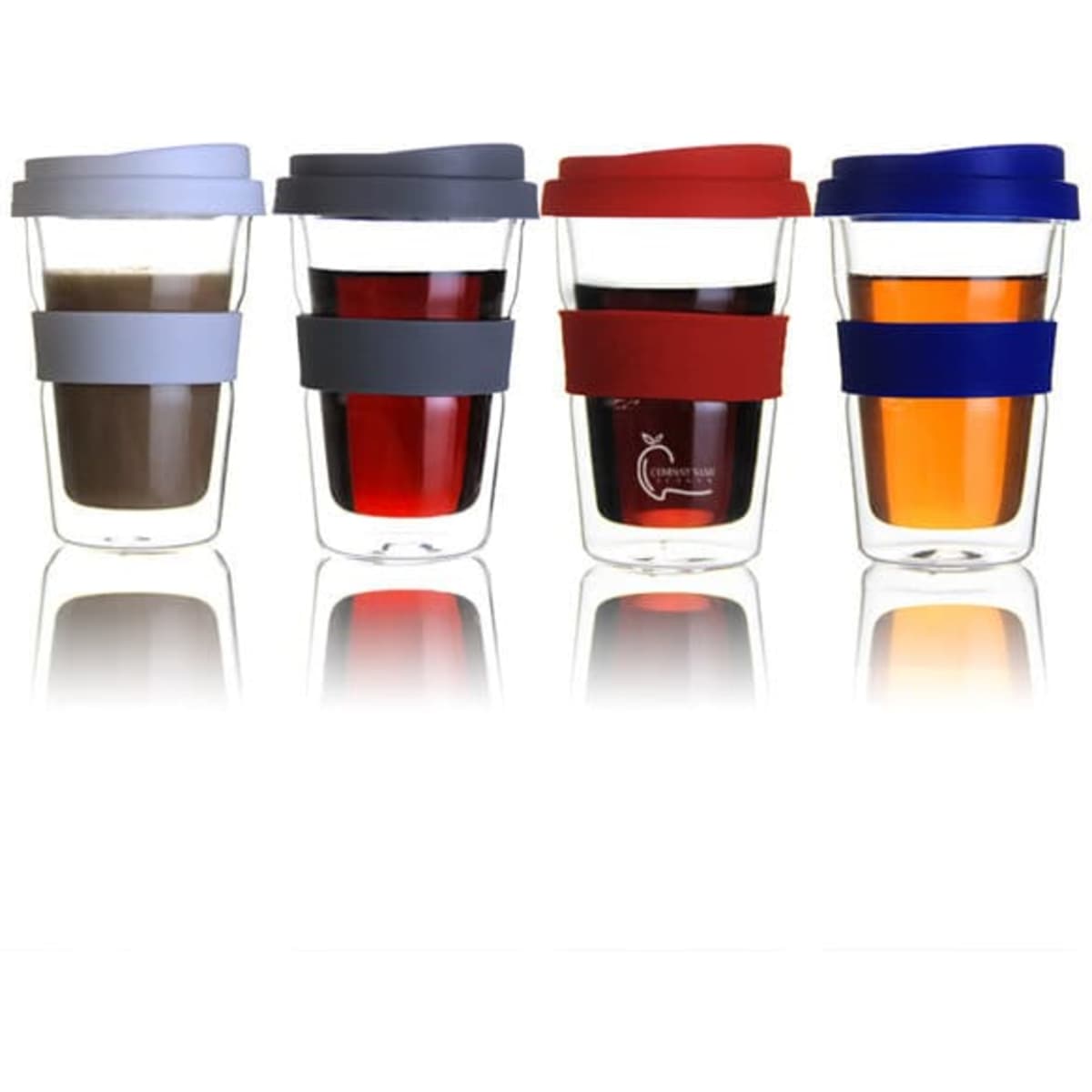 A display of four 12 oz. double wall clear mugs with silicone lids and sleeves in grey, red, blue, and purple.
