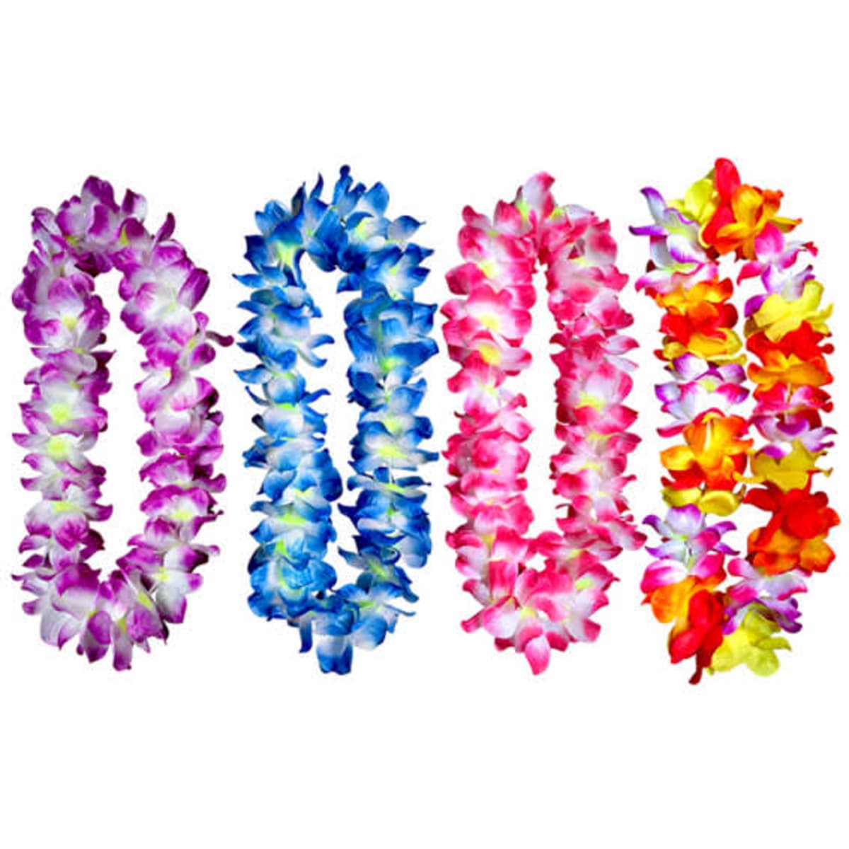 A collection of four simulated Hawaiian flower leis in purple, blue, pink, and bright multicoloured designs, with a logo.
