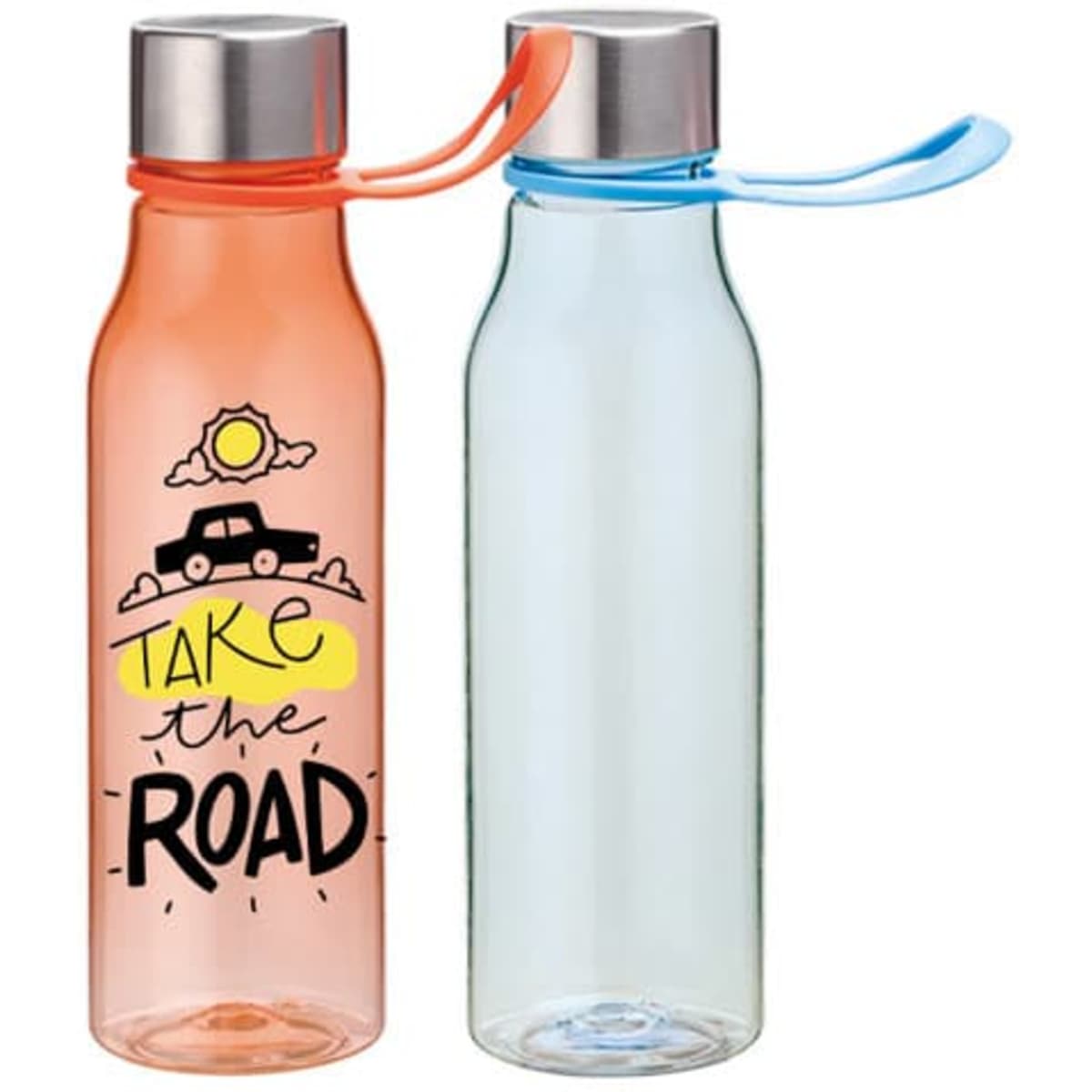 A drink bottle set featuring a pink bottle with a car graphic and a blue bottle, both with metal caps and straps.