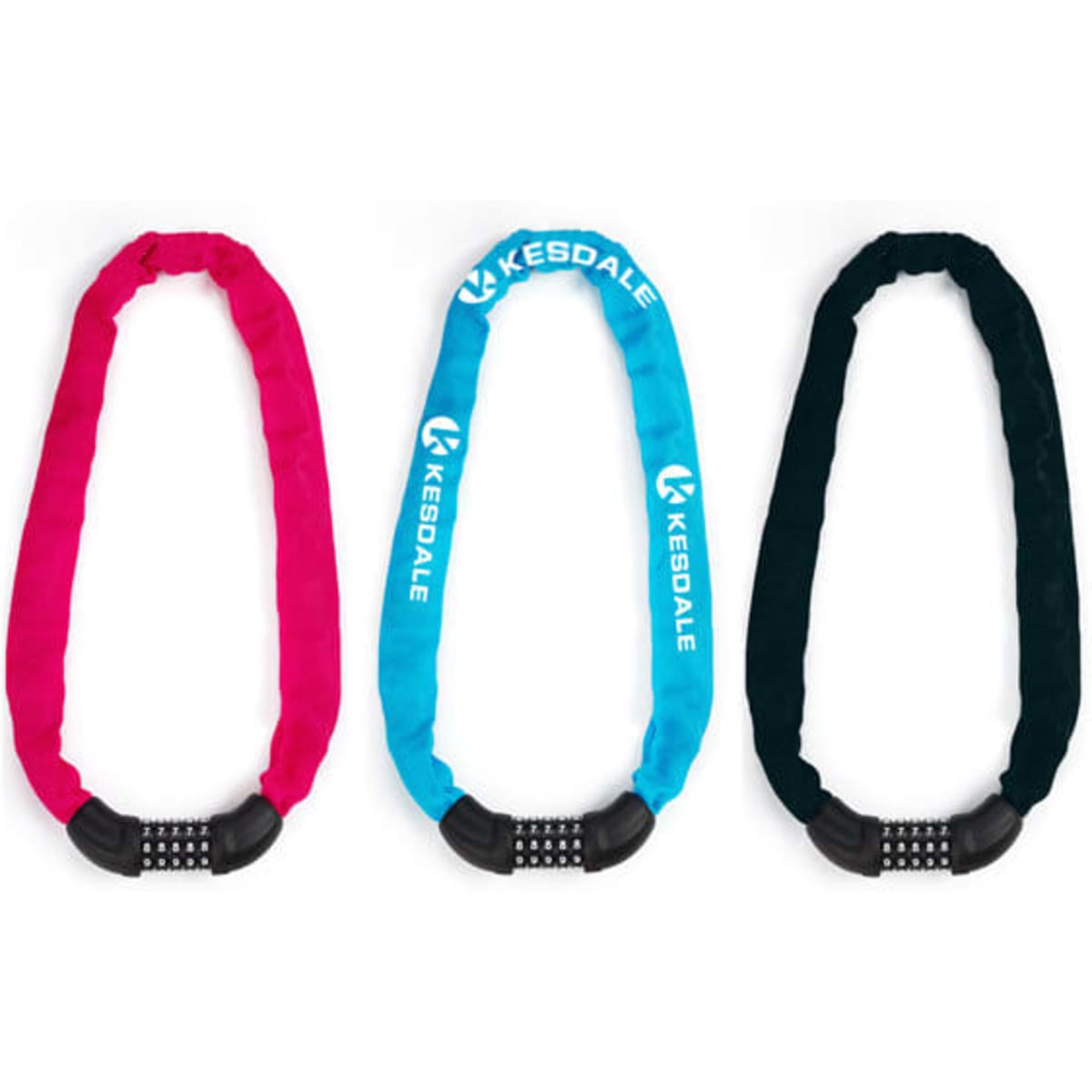Three bicycle chain locks in pink, blue, and black, featuring a 5-digit combination lock and soft fabric covering.