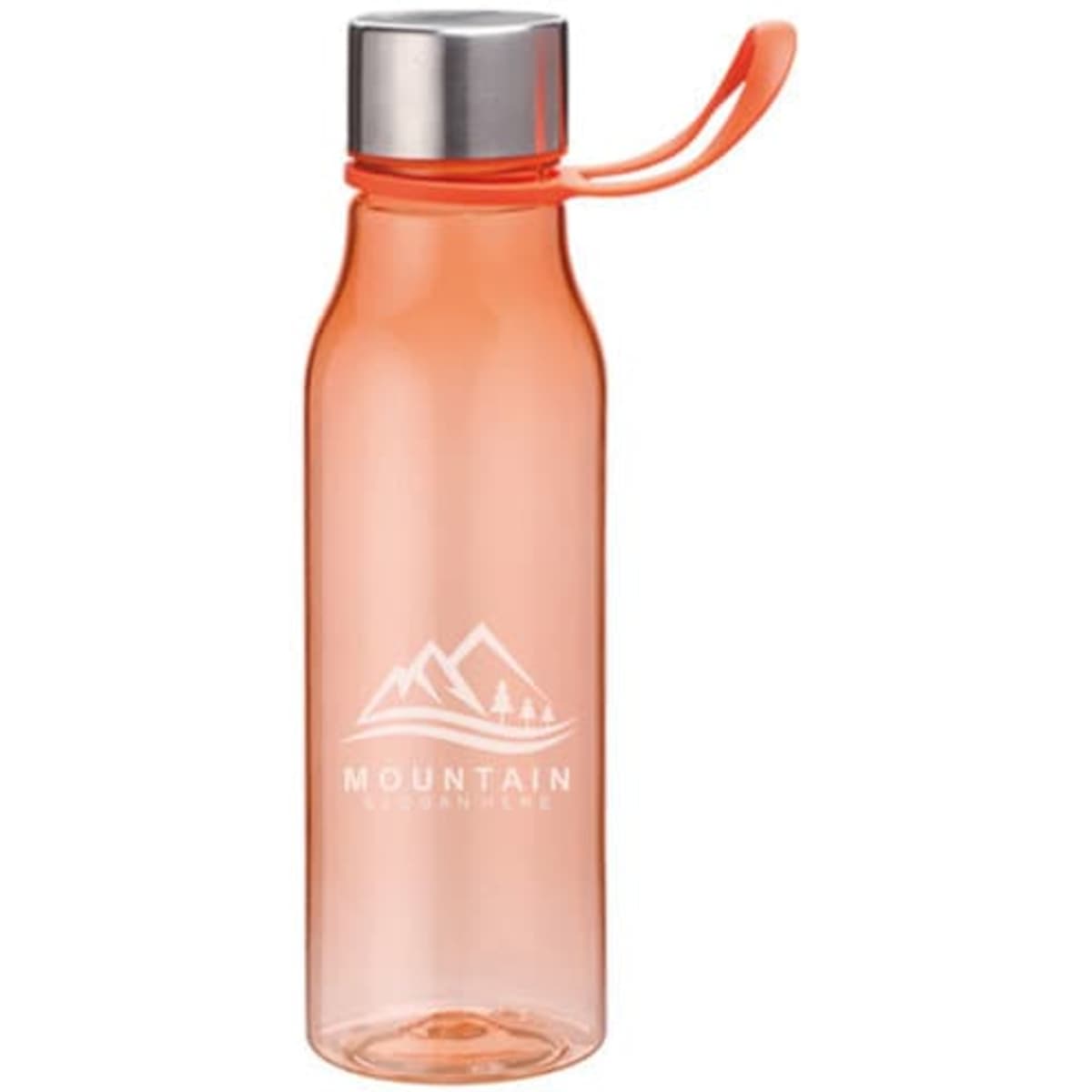 A drink bottle in translucent orange with a stainless steel screw-top lid and a logo design.