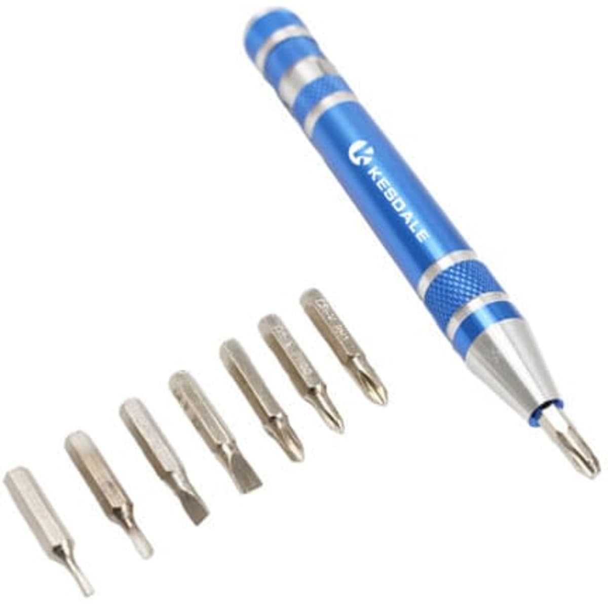 A blue and silver 8-in-1 multifunctional aluminum screwdriver, featuring multiple interchangeable tips.