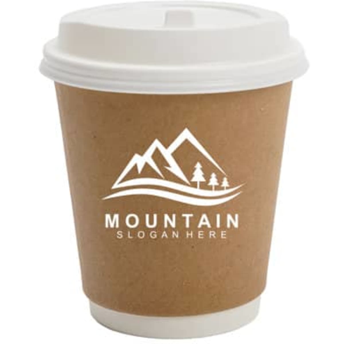 A double Kraft paper cup with a white lid, featuring a logo and a mountain design, in natural brown colour.