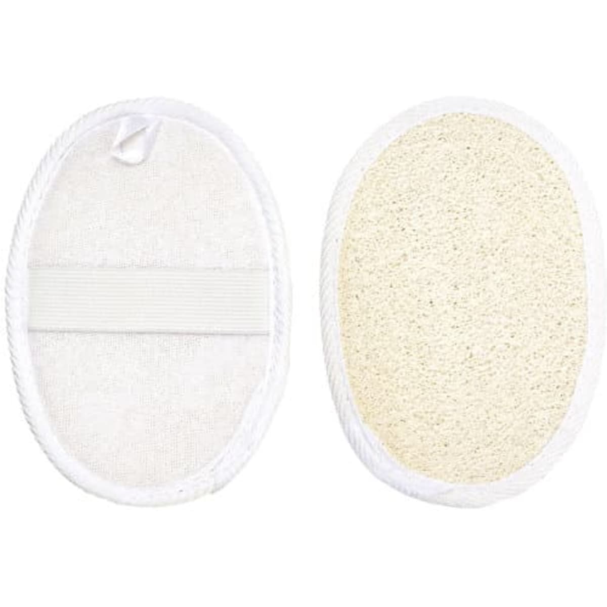 A small, oval exfoliating loofah sponge pad featuring a white textured side and a smooth beige side, with a hanging loop.