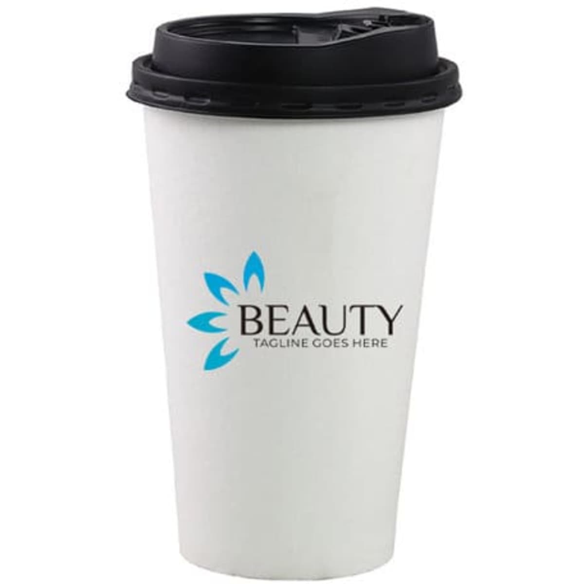 A 12 oz. white paper cup with a black lid and a logo printed on the front.