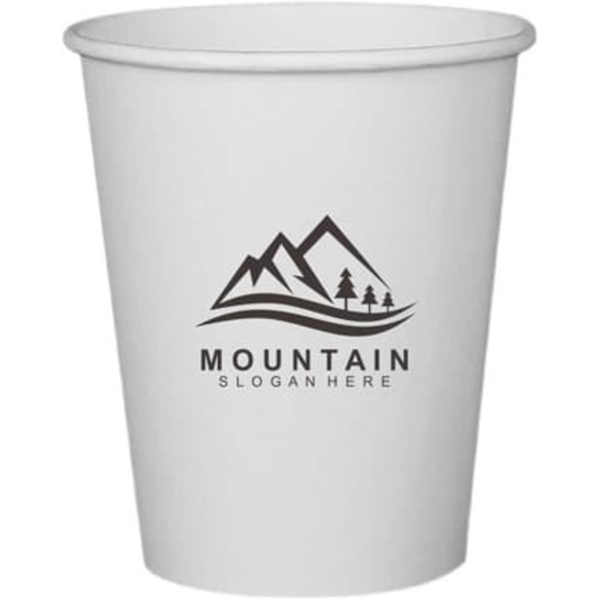 A white paper coffee cup featuring a logo with mountain and tree graphics. Suitable for promotional use.