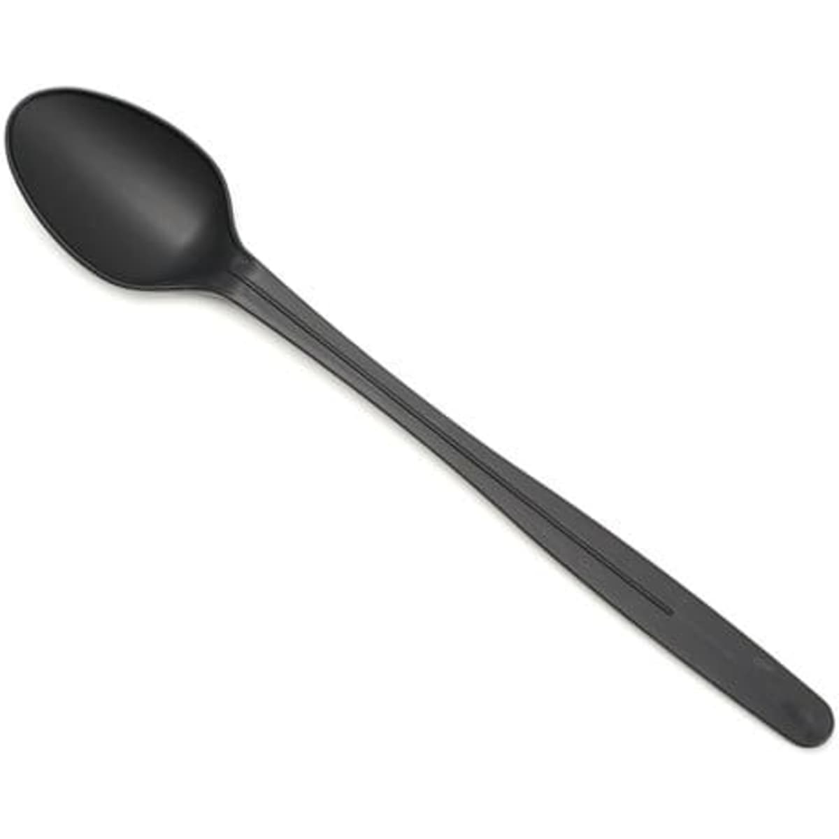 A black, long-handled stirring spoon with a smooth finish, featuring a simple design and a logo.