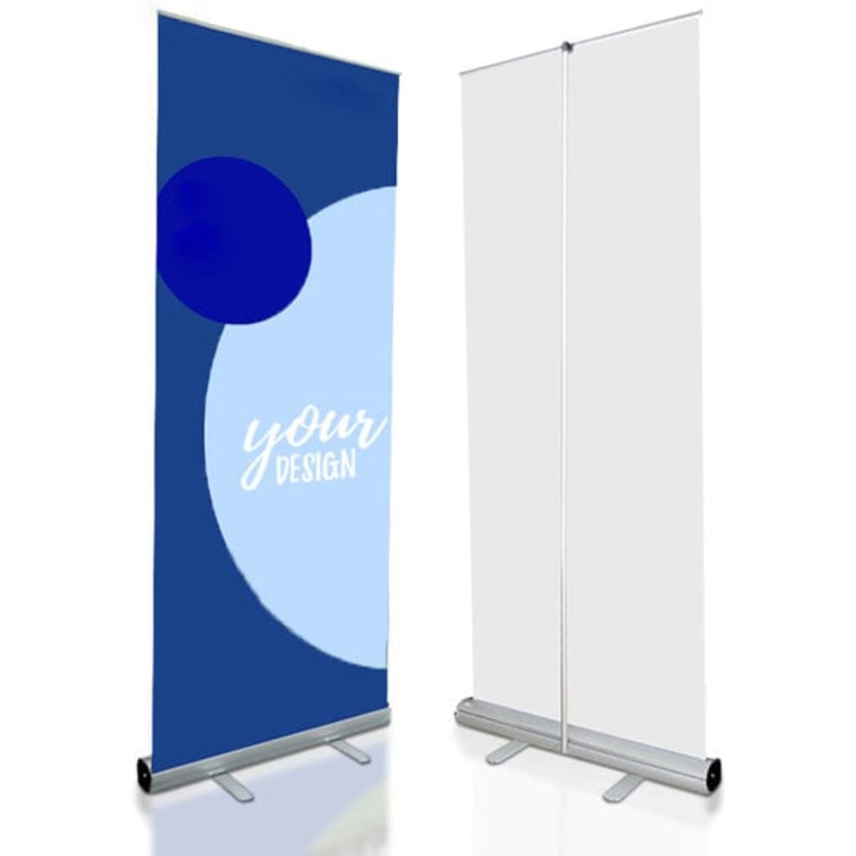 A retractable roll-up banner stand featuring a blue design on one side and a plain white side, with a silver base.