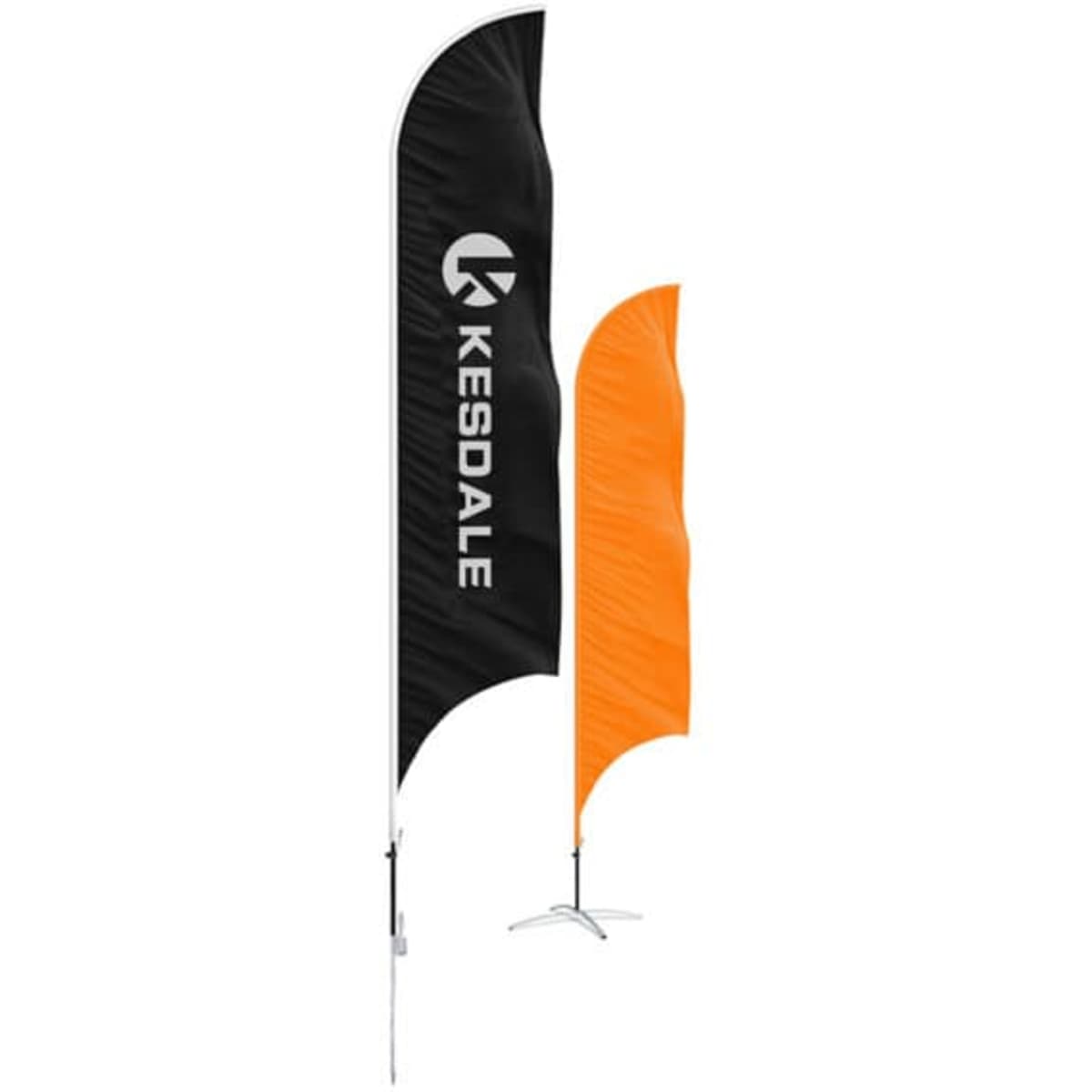 A black and orange event banner in a knife shape, featuring a logo, with a curved design.