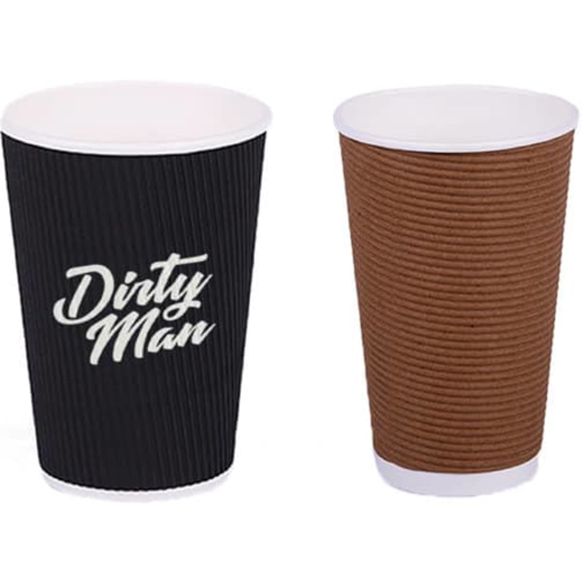 A disposable corrugated paper coffee cup, featuring black and brown designs, with a white interior and a logo.