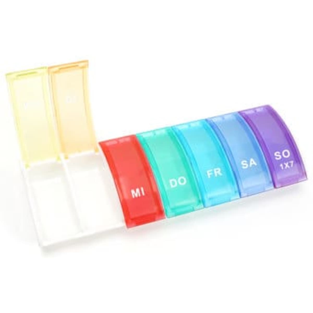 A 7-grid weekly pill organiser in rainbow colours with sections for each day of the week and two extra compartments.