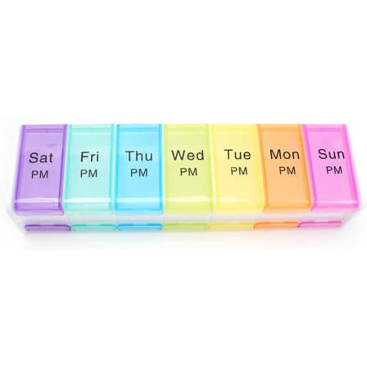 A multi-coloured weekly pill case with compartments for each day, labelled with the days of the week and AM/PM sections.
