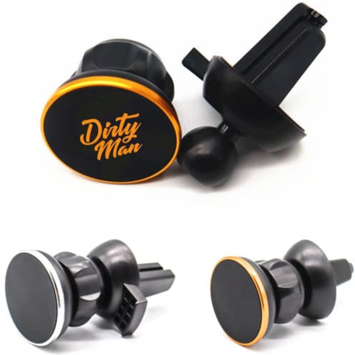 A black and orange magnetic phone holder for car air vents, featuring multiple angle adjustments and a logo.