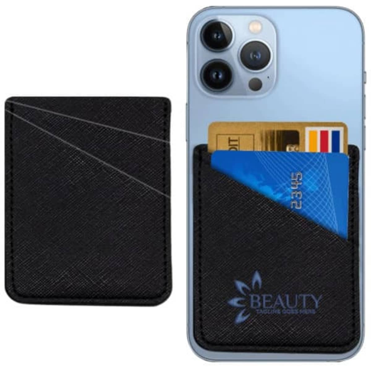 A black double layer PU leather phone adhesive card wallet with credit cards inside, designed for smartphone attachment.