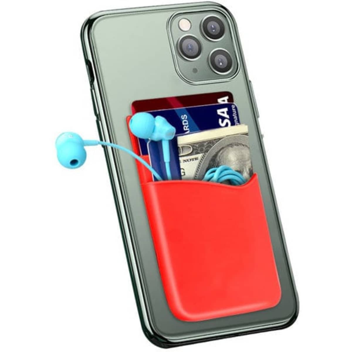 A red silicone card case attached to a smartphone, holding cards and wires, with a logo visible on the case.