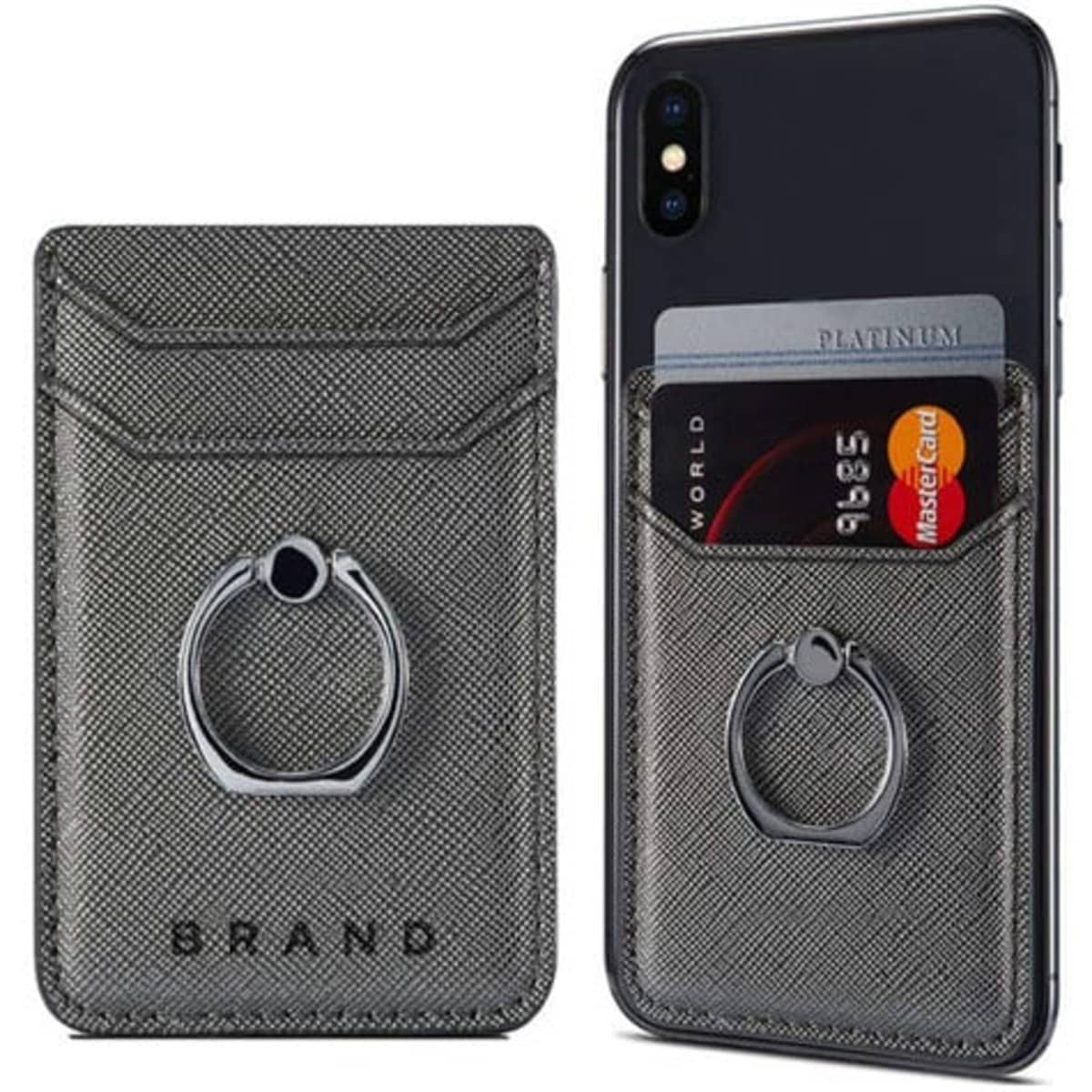 A grey adhesive PU leather phone card holder with a ring stand, featuring a logo and slots for cards.