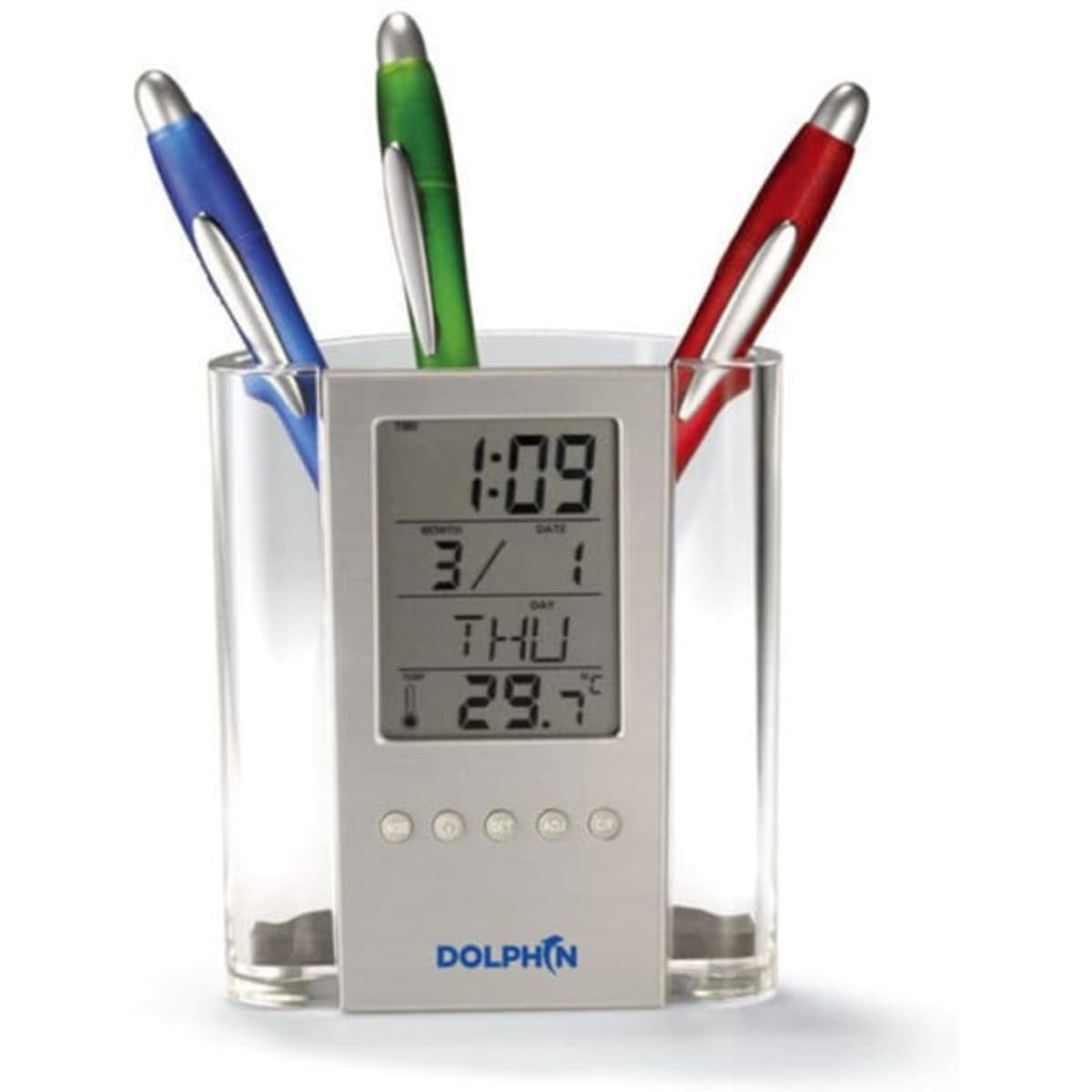 A silver LCD desktop smart alarm clock pen holder with blue, green, and red pens inside. It has a digital display.