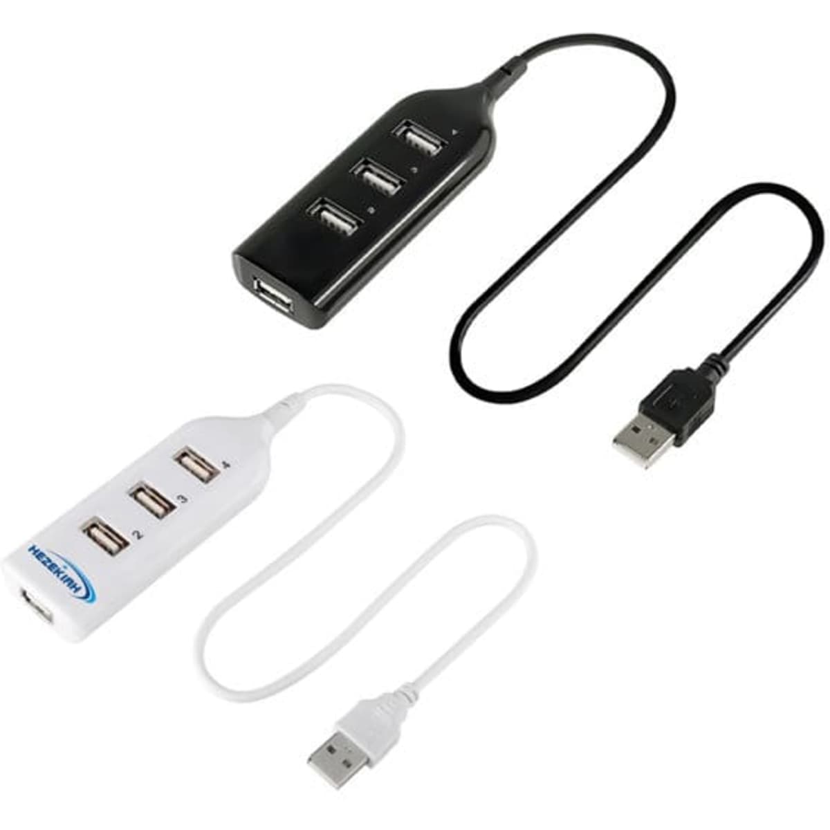 A black and a white USB 2.0 external hub adapter with multiple ports and connecting cables. Each has a logo.