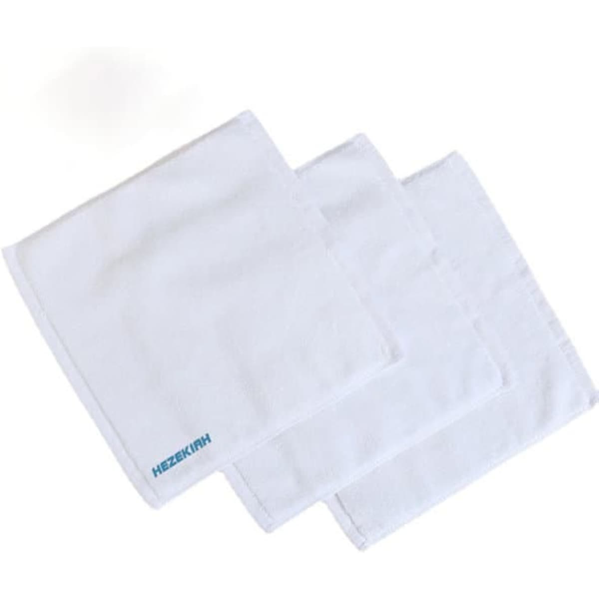 A set of three white cotton hand towels, featuring a logo on one of the towels.