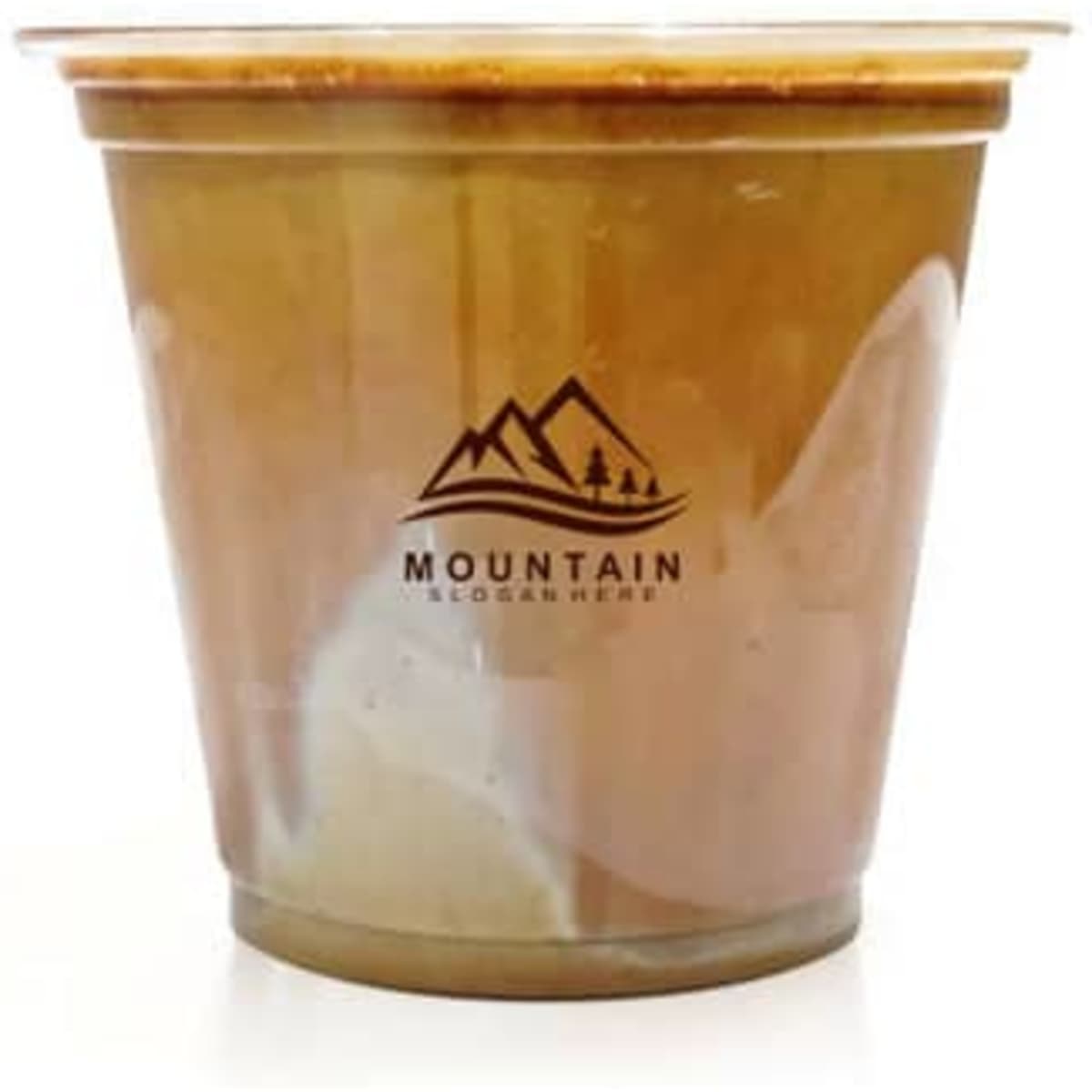 A transparent 9 oz. clear plastic cup featuring a logo and a brown beverage inside.