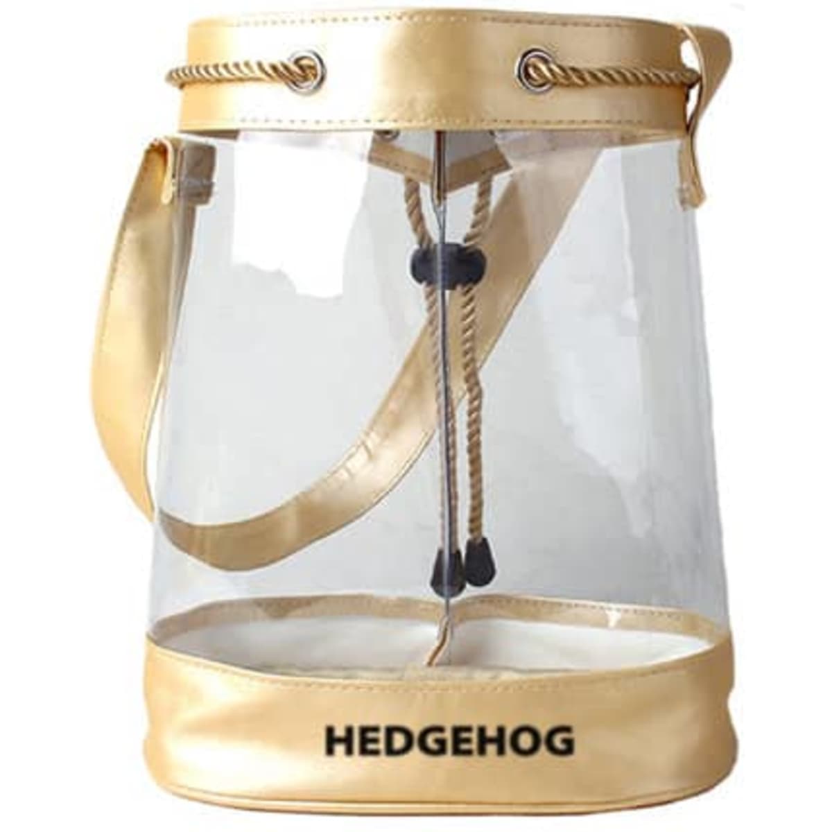 A gold and clear PVC drawstring gift bag with a strap and a logo.